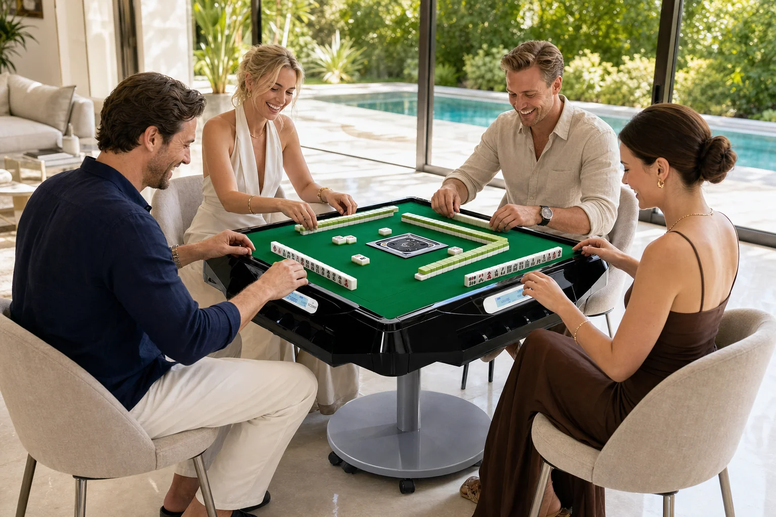 Four friends smiling and playing Riichi mahjong on an ALBAN table in a bright modern living room