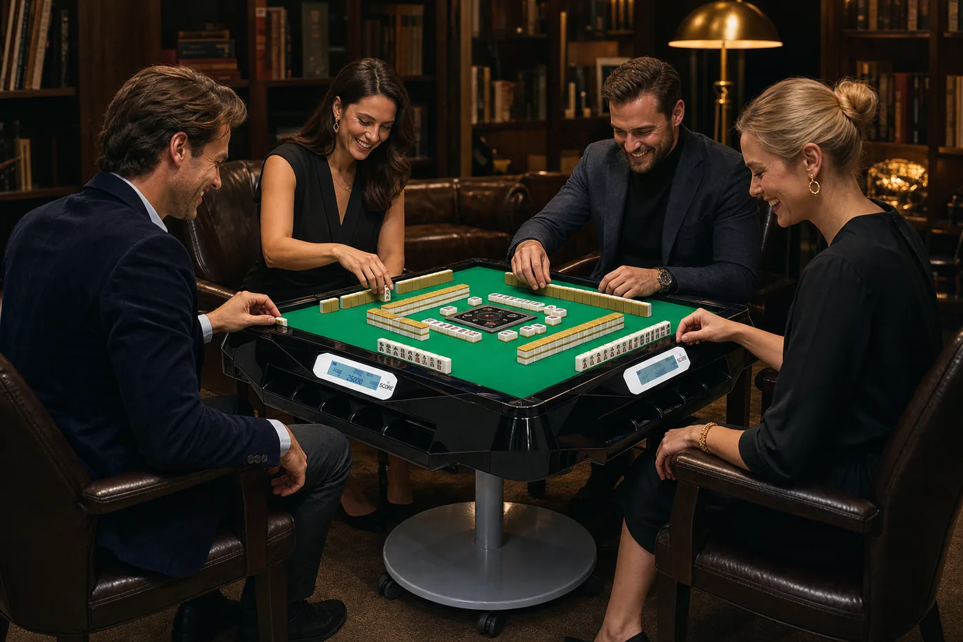 Four friends playing Riichi mahjong together on an ALBAN Slim Voice SCORE table in a dark library room
