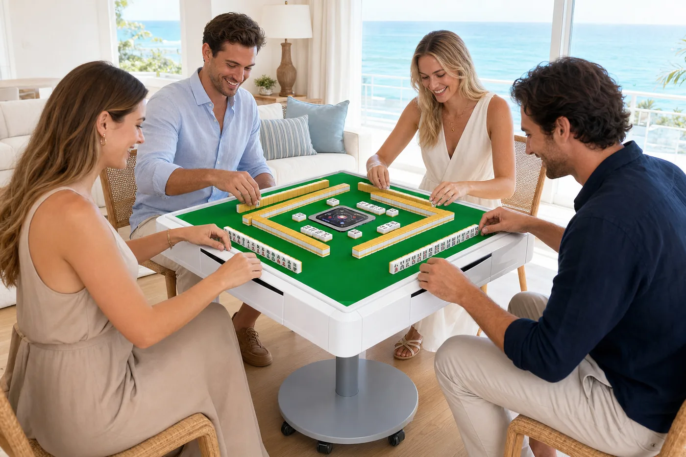 Four friends playing Riichi mahjong together on an ALBAN Slim Voice table in a bright coastal room